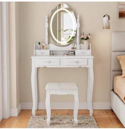 Vanity Desk with Mirror and Lights, Modern Vanity Makeup Table and Cushioned Stool Set with 4 Drawers，white color