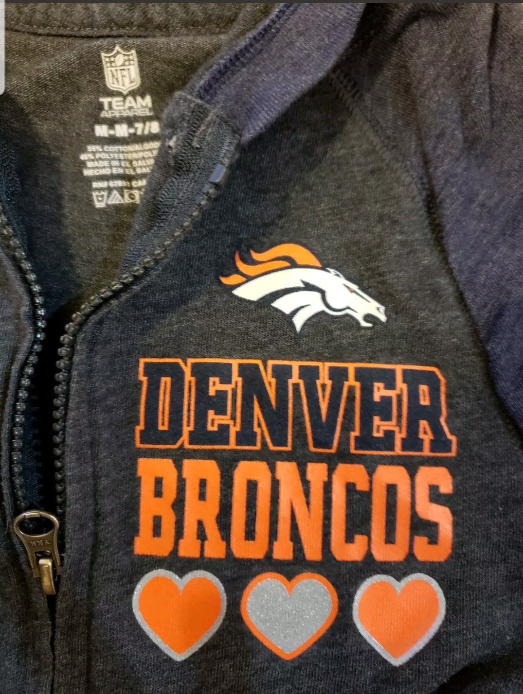Denver Broncos Little Girls Size 7 8 Zip Up Hoodie Sweatshirt Jacket NFL Football