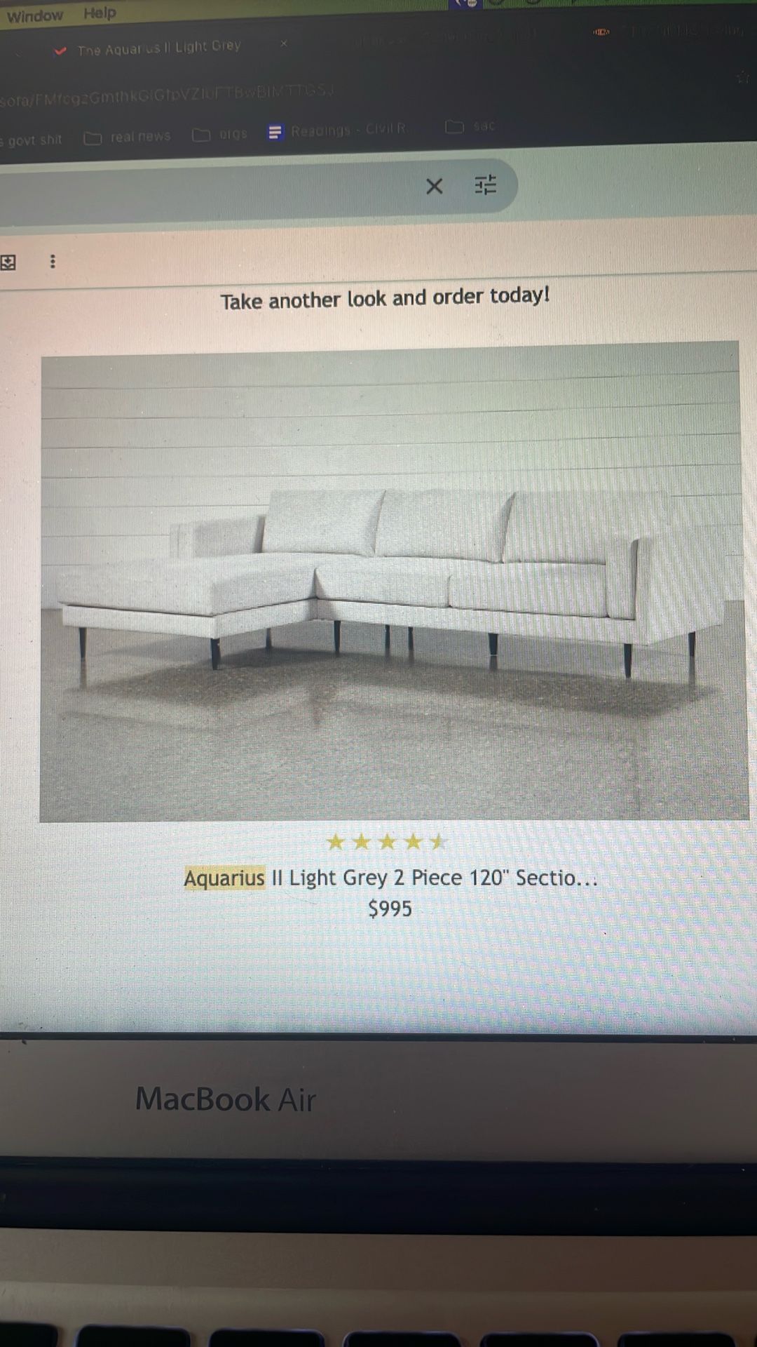 Living Spaces Aquarius II 120” Dark Grey Sectional