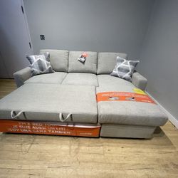 Beige sleeper sofa sectional couch pullout bed with storage