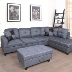 BRAND NEW GREY SECTIONAL SOFA COUCH SET WITH STORAGE OTTOMAN