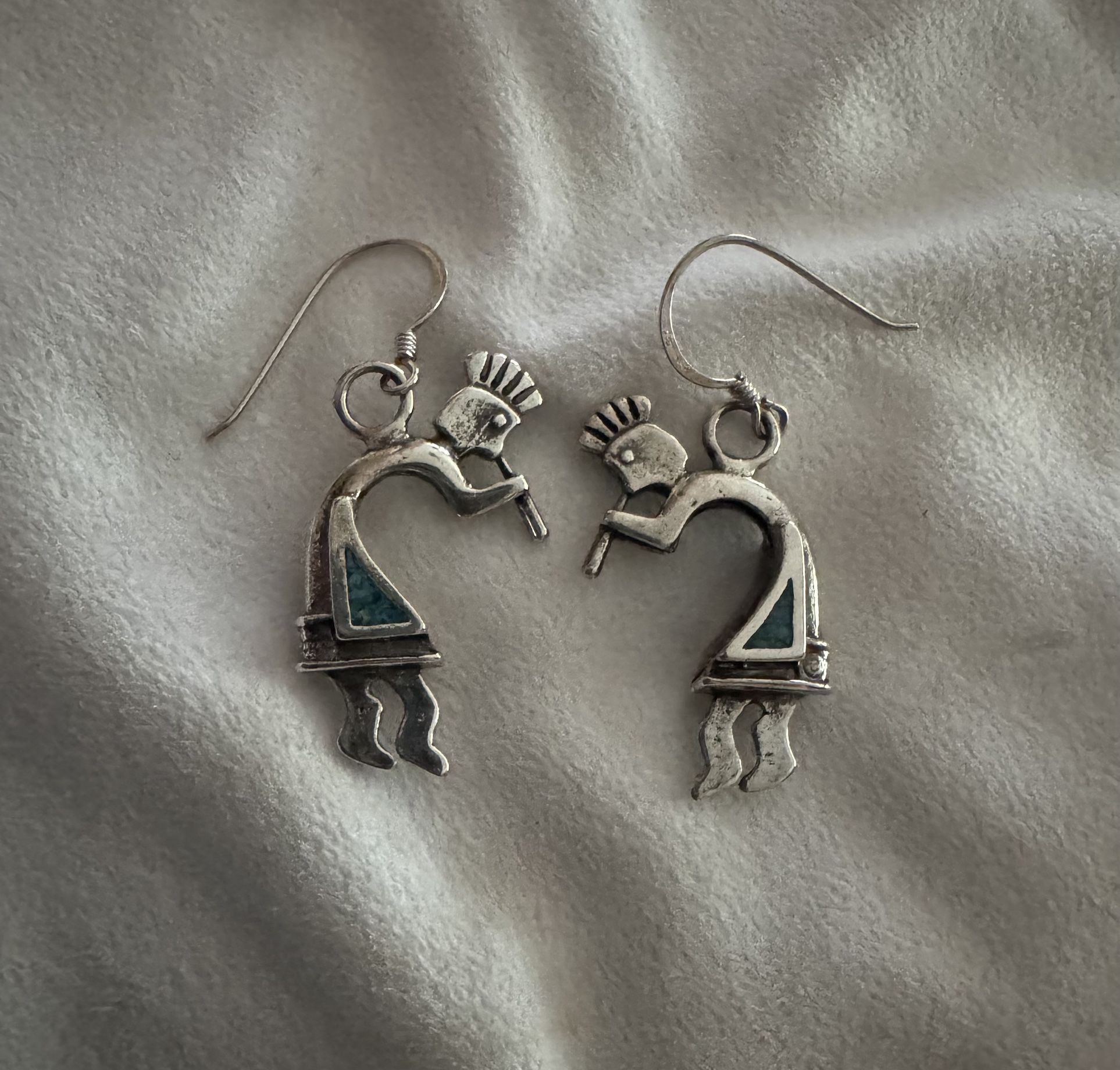 Vintage Kokopelli Sterling Silver Turquoise Dangle Hook Earrings, Marked