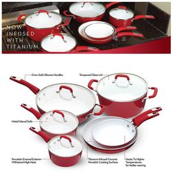 Bialetti Aeternum Ceramic Nonstick Cookware Set, 10 Piece Cookware Set,  Red/White