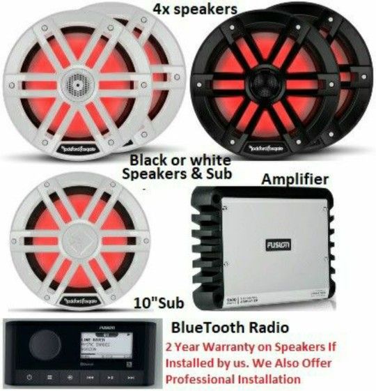 Rockford Fosgate (Marine) Audio System For Boat 4x RF 8" Speakers M1-8, 1x RF 10" Sub M1D4-10, 1x 5-CH Amp, 1x Fusion (We Also Have JL Audio Marine)