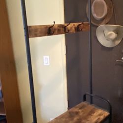 Wood Entry Way Stand with Bench, Hang Jackets, Hats And Coats 