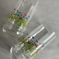 Two Vintage 16-oz Tulip Decorated Glass Tumblers  