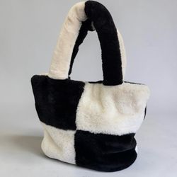 Black and White Checkered Faux Fur Tote Bag
