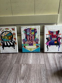 Set of 3 Small Colorful Chair Paintings original art on Canvas