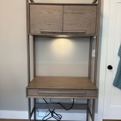 Crate&Barrell Tate Stone Grey Bookcase Desk with Power Outlet&USB and puck light