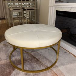 Round Cream Velvet Ottoman with Gold Legs 