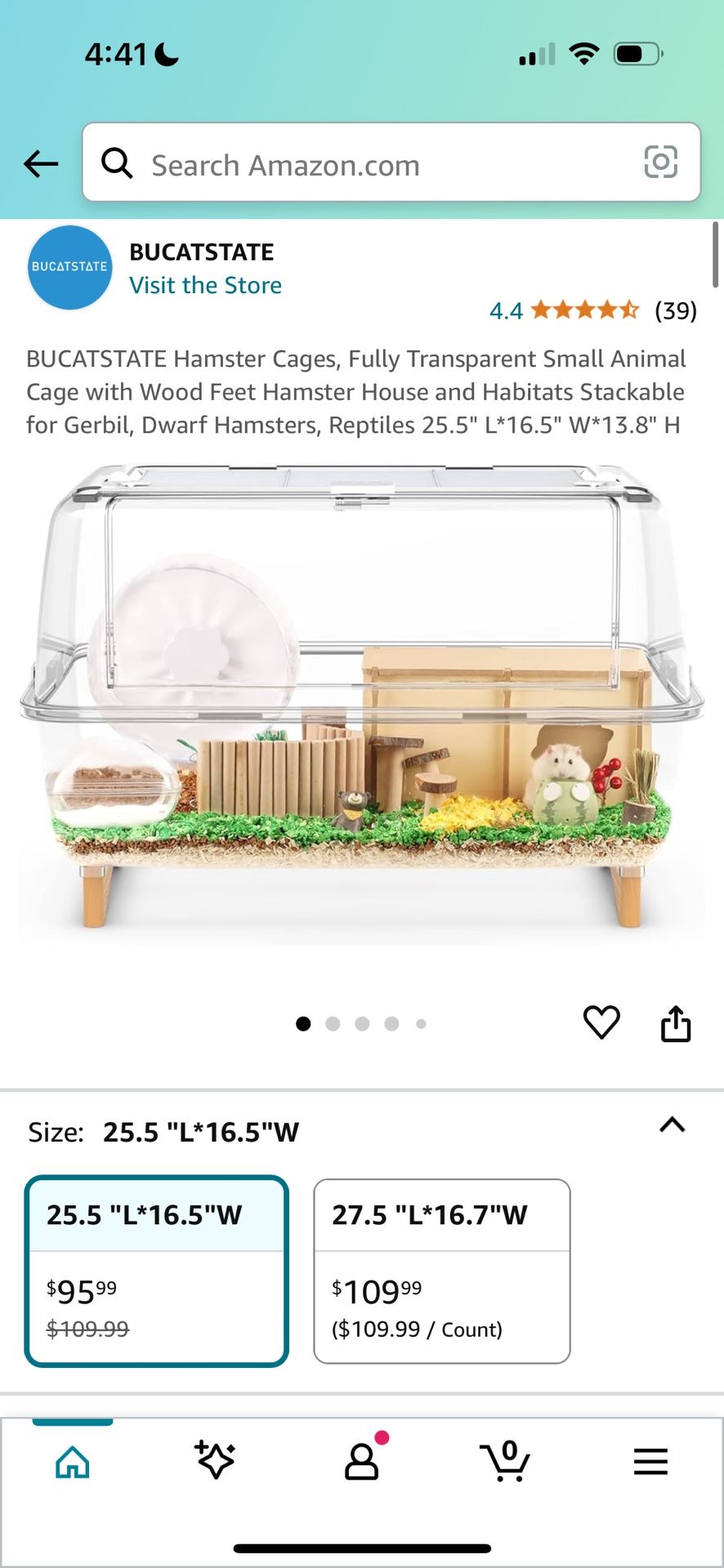 BUCATSTATE Hamster Cages, Fully Transparent Small Animal Cage with Wood Feet Hamster House and Habitats Stackable for Gerbil, Dwarf Hamsters, Reptiles