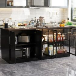 77.6"W Kitchen Island With Glass Door