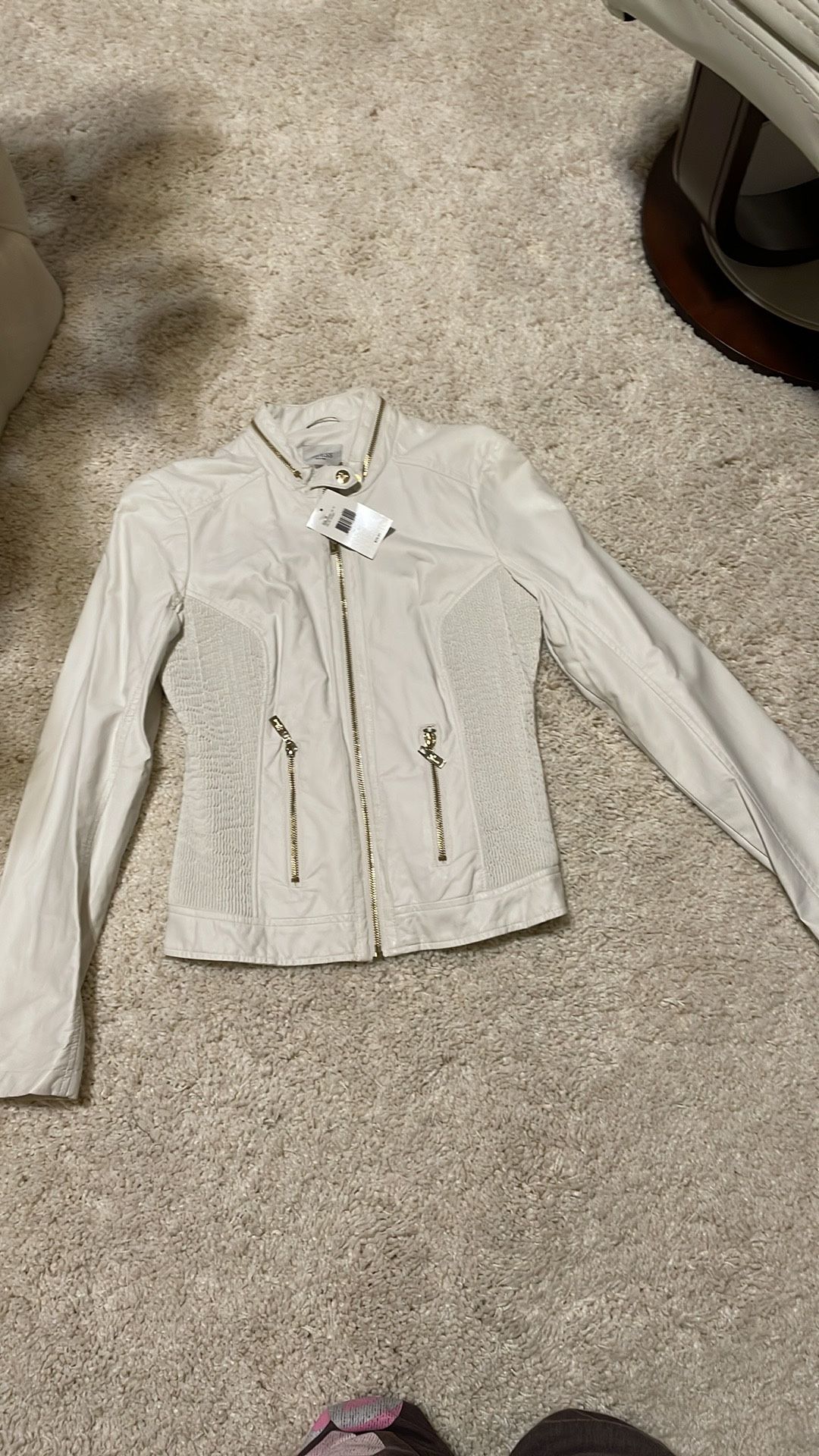 New guess white gold fake leather jacket small