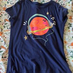 Dark Blue T-shirt With A Planet That Is Orange On It With A Smiley Face And Headphones
