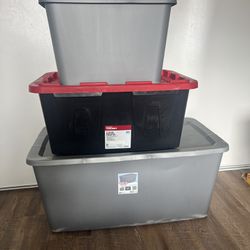 Set Of 3 Plastic Storage Bin Containers, 50 Gal, 27 Gal, 18 Gal