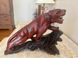 Vintage Japanese Carved Wood Ferocious Tiger On Tree Branch Sculpture Figure