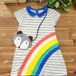 SIZE 6-7 GIRLS GRAY & WHITE STRIPE RAINBOW DESIGN SHORT-SLEEVE A-LINE DRESS 