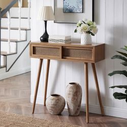 Mid-Century Modern Console Table with Rattan Drawers