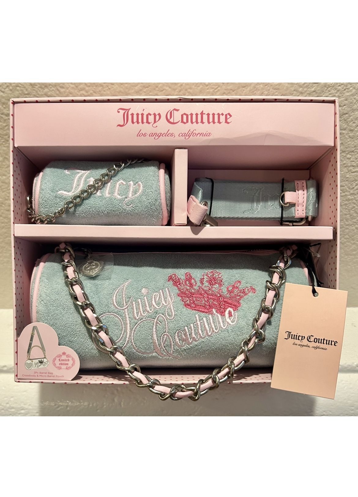 Juicy Couture Barrel Bag Heritage Ment Pink Teri Cloth 3 Piece Set Brand New