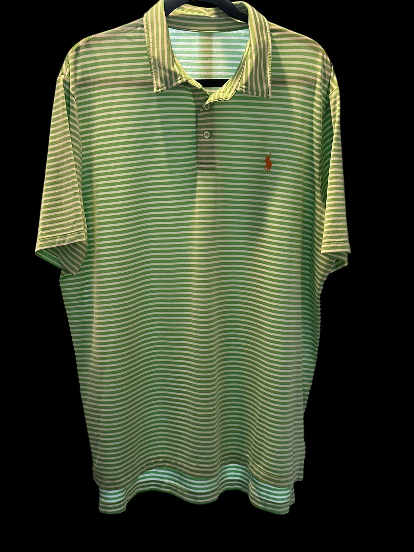 Ralph Lauren Polo Shirt, Green And White Striped With Orange Polo Player Logo Size Xl