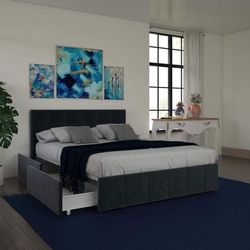 NEW BLUE QUEEN Upholstered Bed W/ Underbed Storage Drawers Button Tufted Headboard Footboard