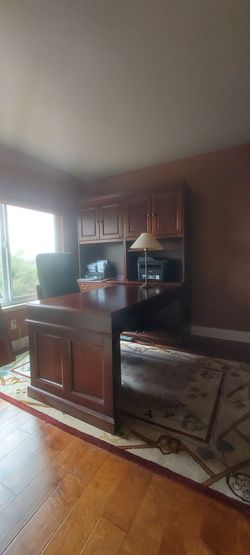 FREE! 2 person desk, printer stand, book case, desk lamp.