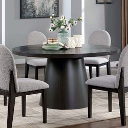 DINING TABLE SET MODERN ROUND 7 PIECE DINING TABLE SET DARK WALNUT / GRAY FINISH - MESA REDONDA SILLAS COMEDOR
