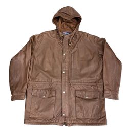 Vintage POLO Ralph Lauren Leather Jacket Coat Hooded Brown Mens L  Gently used in good condition Please scroll through all pictures as they serve as t