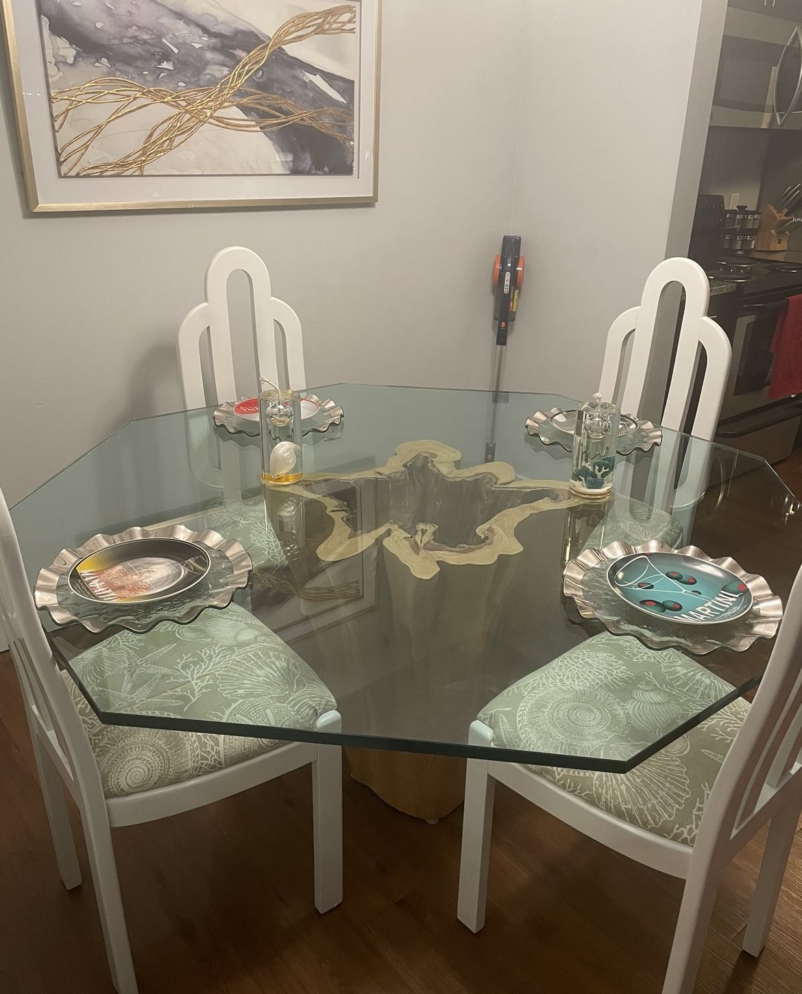 Wood Base Table And Dining Chairs