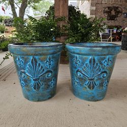 Teal Flor de Lis Pots, Planters, Plants. Pottery,  Talavera $55 cada una