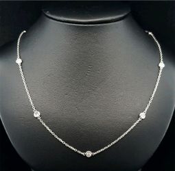 1 Carat 11 Natural Round Diamond Station Tennis Necklace 18 Inch White Gold # 15662