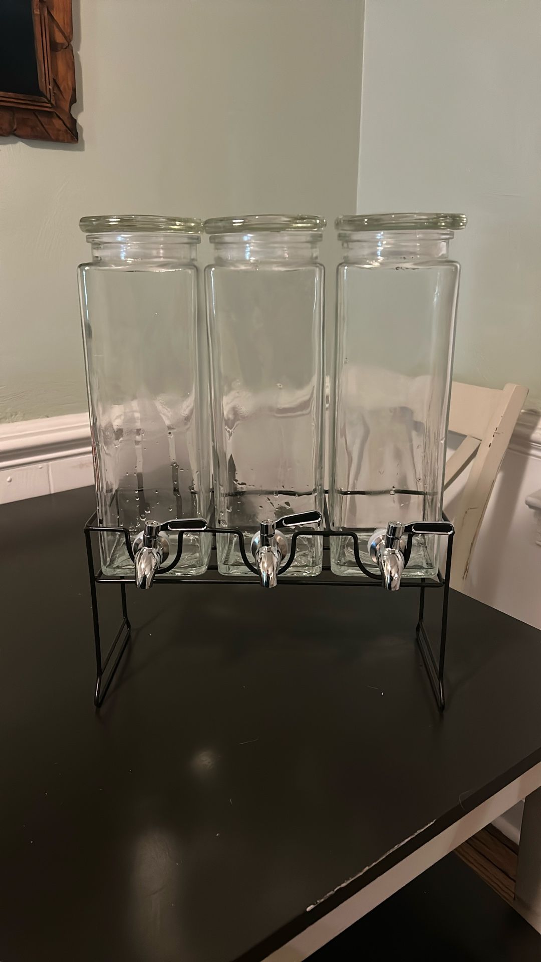 Set of 3 Glass Beverage Dispensers with Spouts + Metal Stand – 80oz Each
