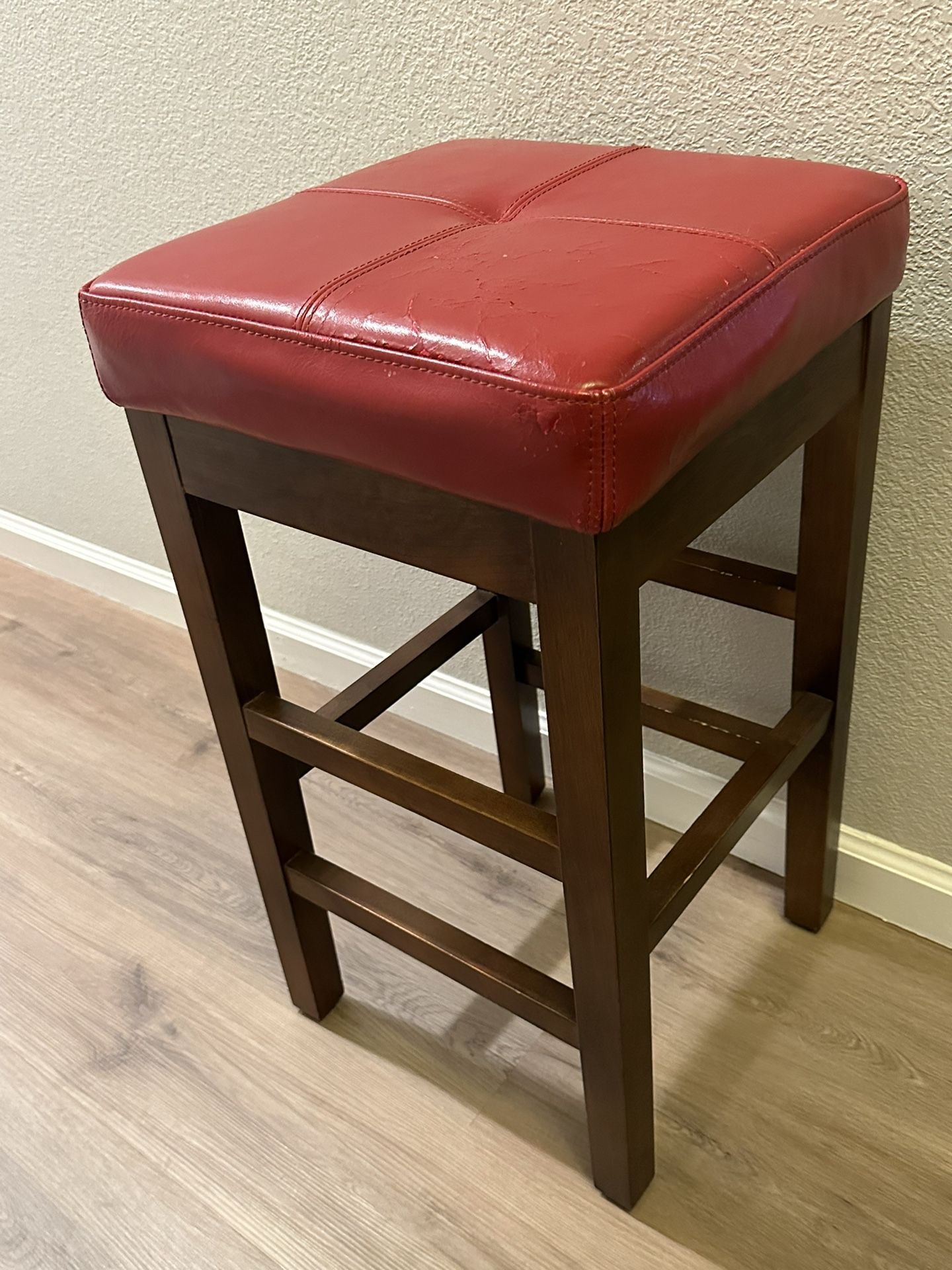 Wood Bar Stool with red leather seat 28” H