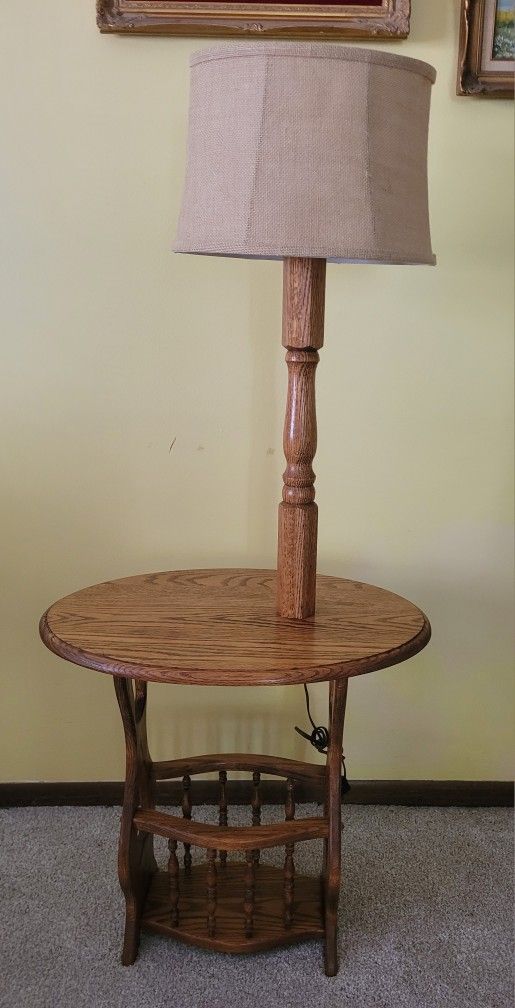 Antique Style Oak Magazine Rack With Light End Table