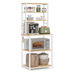 Coffee Bar, 23.6 Inches 6-Tier Baker's Rack with 6 Hooks Modern Basic Microwave Stand, 23.6 x 15.7 x 65.7 Inches, Golden Oak and Cloud White, BARNET C