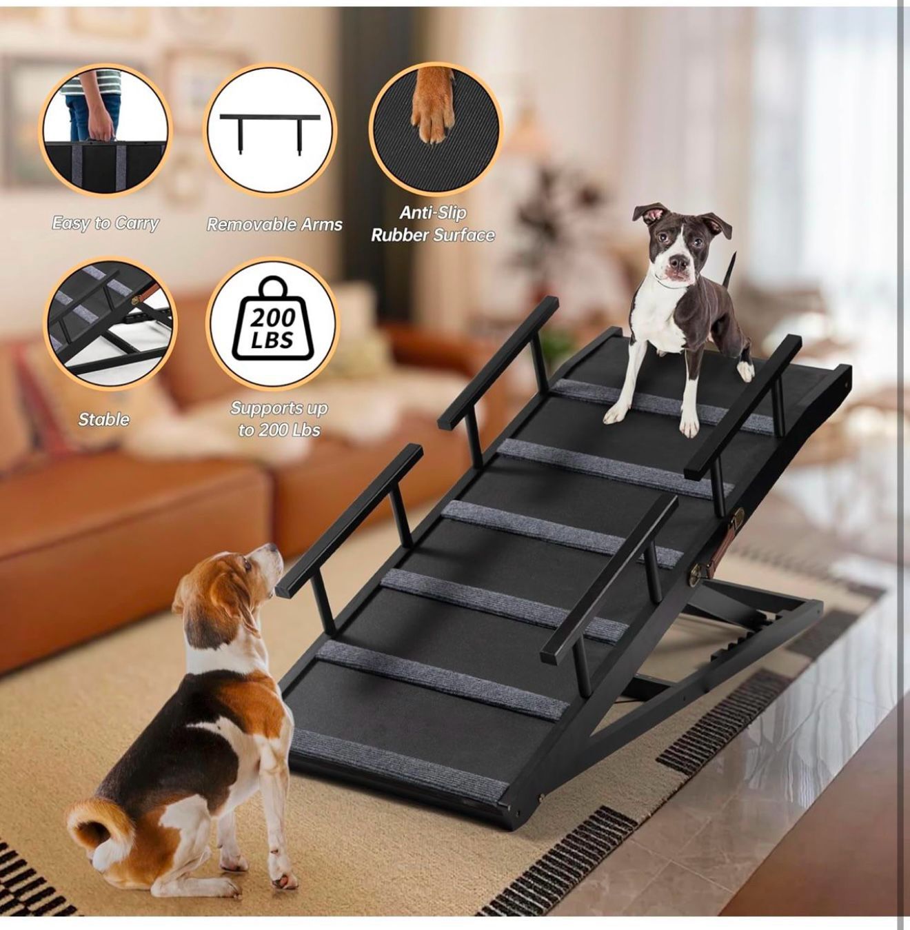 Pet Ramp Folding Portable Wooden Dog & Cat Ramp for Couch or Bed, Including Non Slip Mat & Safety Side Rails, 64.2 Inch Long and Height Adjustable fro