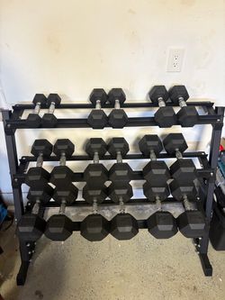 Rubber Hex Dumbbell Set with 3-Tier Rack