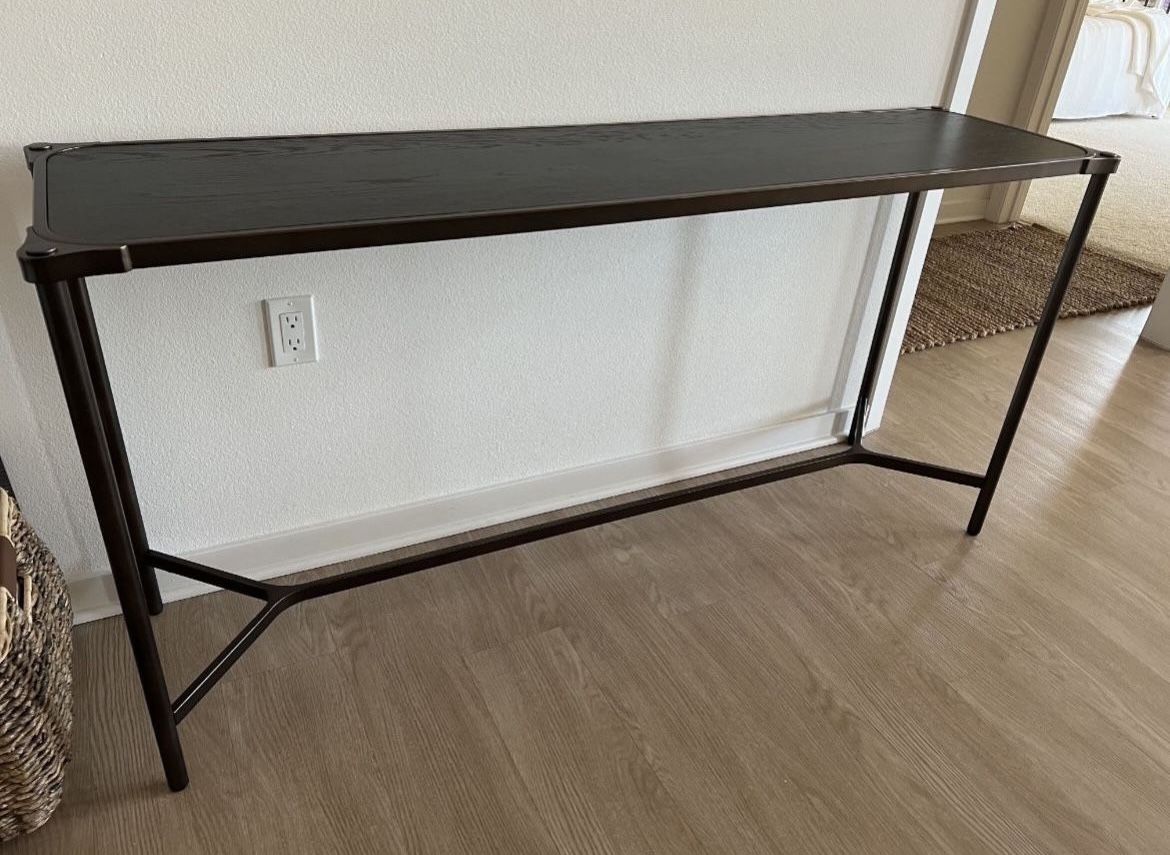 WEST ELM  Mateo Console Table BRAND NEW  *white glove assembled* Oak Veneer Top Cerused Black Finish; Steel Legs In Oil Rubbed Bronze   Pickup Irvine 