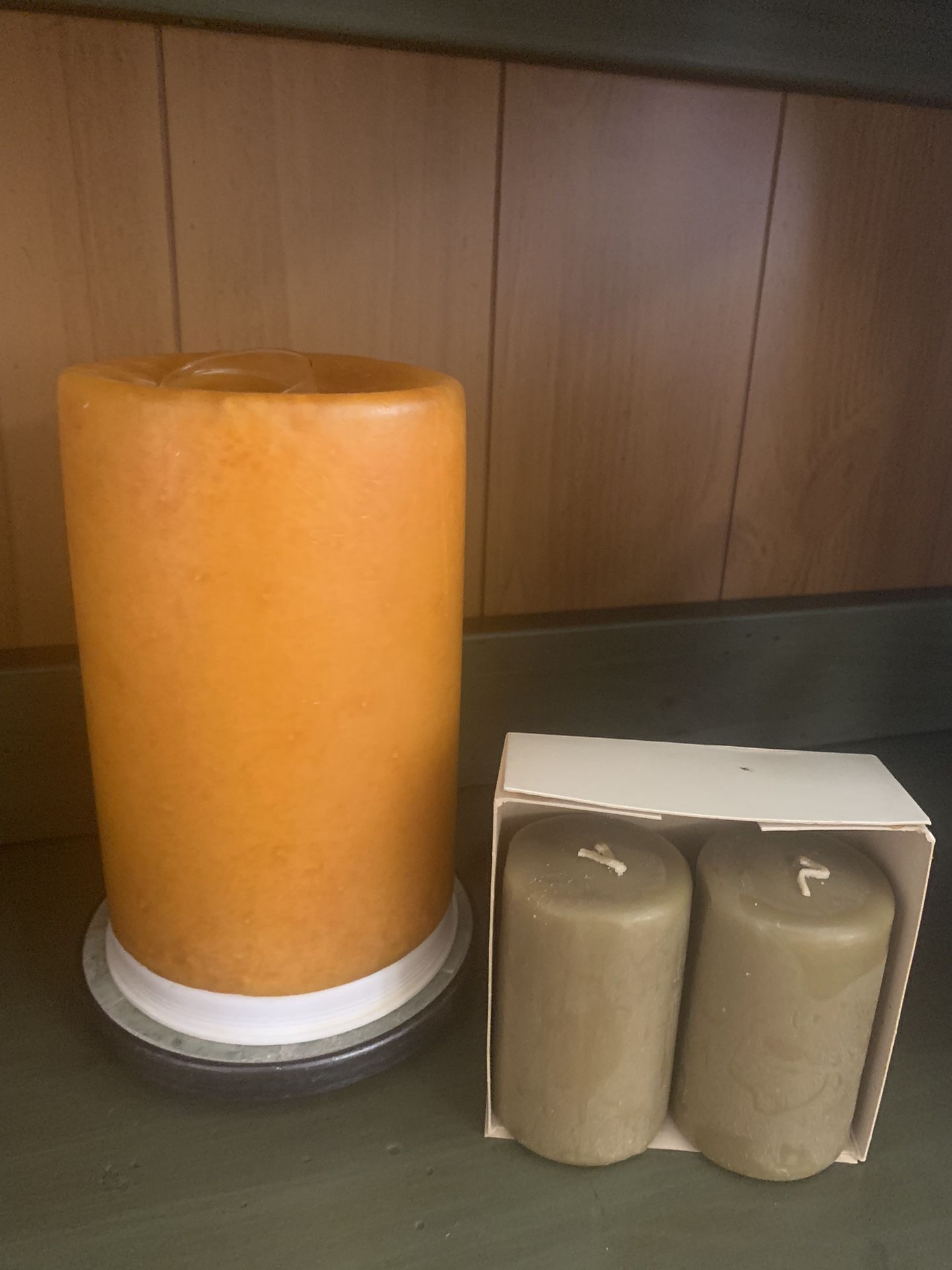 Candles Large 6” H Pillar “Pumpkin Bread” Scent, 2  3” Small Olive Green Pillars