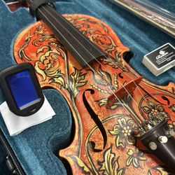 Made in Romania 4/4 Custom Hand Painted Violin with New Bow, Digital Tuner, Shoulder Rest, Extra Strings 