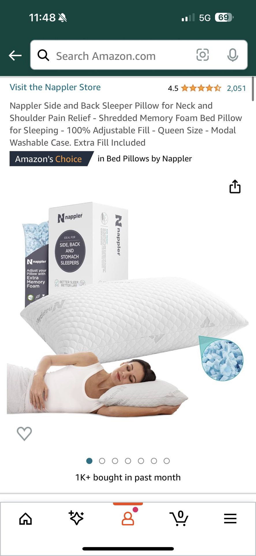 Nappler Side and Back Sleeper Pillow for Neck and Shoulder Pain Relief - Shredded Memory Foam Bed Pillow for Sleeping - 100% Adjustable Fill - Queen S