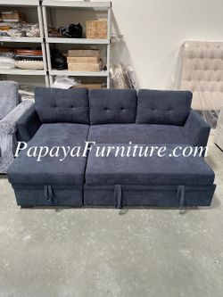New Reversible Storage Chaise Sectional Couch Set Pullout Sleeper Sofa Bed Dark Blue Navy Black Grey Small Living Room Space Saving apartment Size BIG