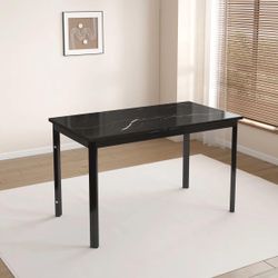 Modern 51" Rectangular Dining Table with Black Faux Marble-Grain Wood Top, Sturdy Metal Legs