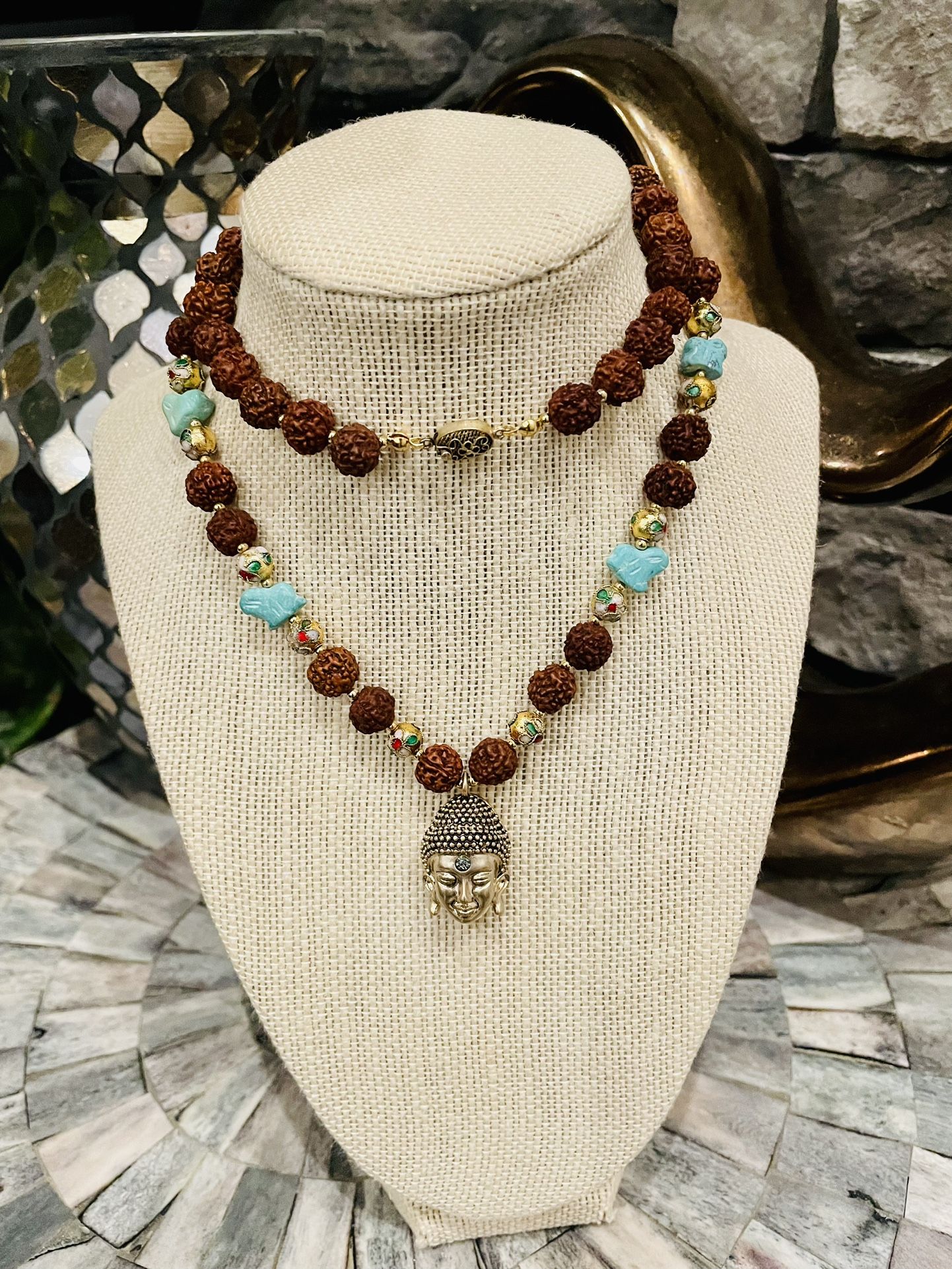 Turquoise And Rudraksha Necklace With Buddha Pendant