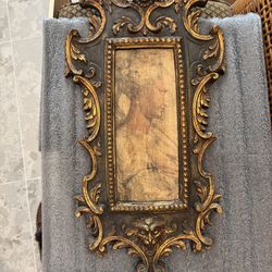 Gilded, framed classical profile print & 2 devotional framed plaques