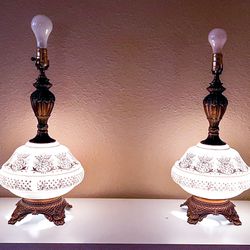 Set Vintage Mid Century Table Lamp White Gold Metal Base 28" Tall 3 Way Lighting