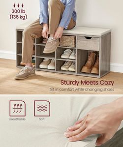 Storage Bench, Entryway Bench with Cushion, Drawer and Open Compartments, Bench with Storage, Living Room, Bedroom, Closet, Heather Greige and Cappucc