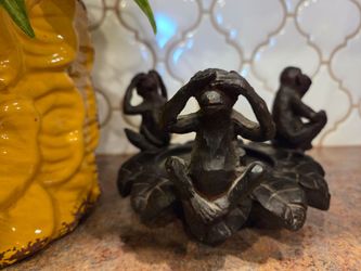 Three Wise Monkeys Carved candle holder and 3d picture
