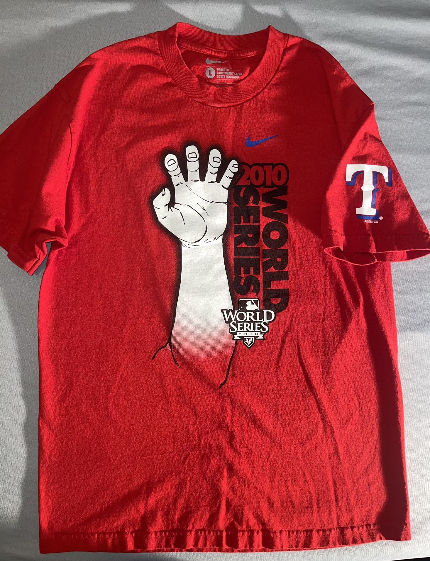 Mens Large NIKE Texas Rangers Red 2010 World Series T Shirt
