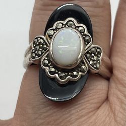 Sterling NF Onyx & Opal Ring Sz 8
